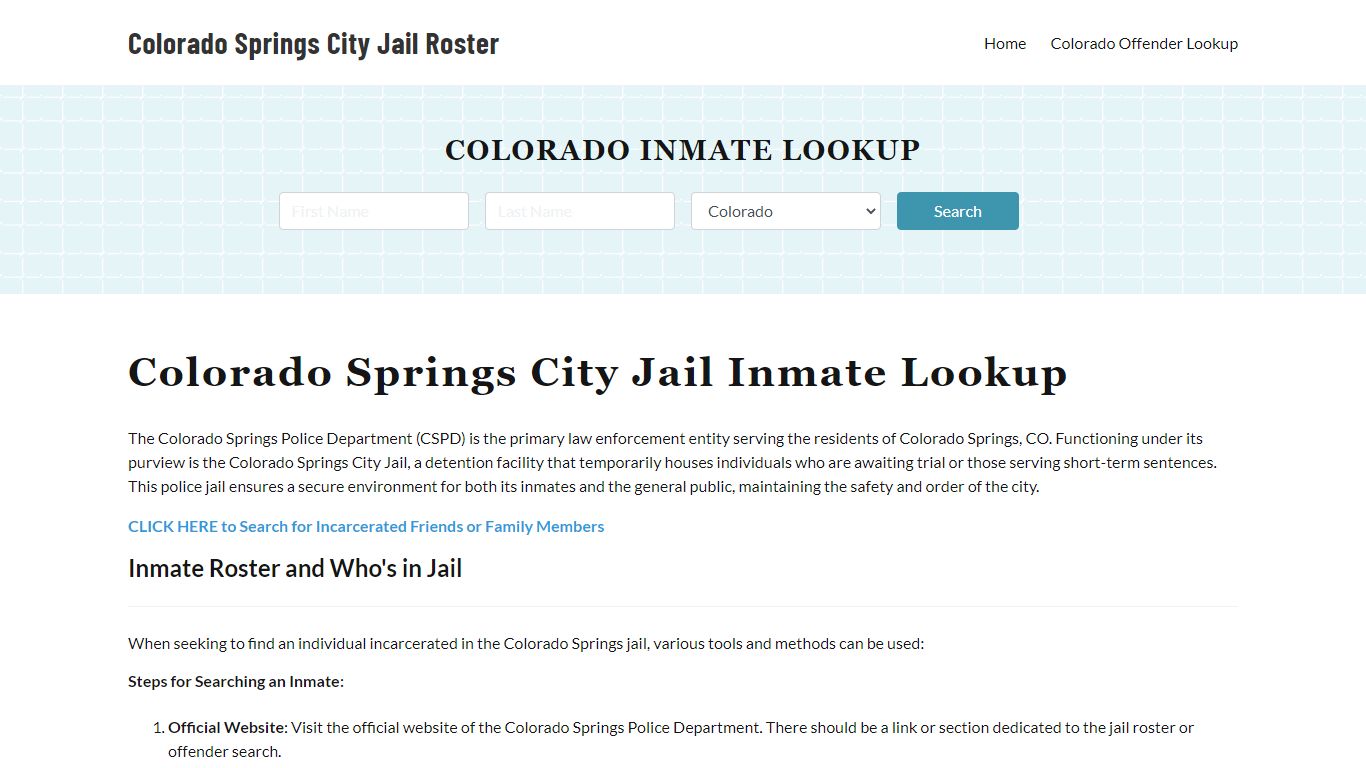 Colorado Springs Police Department Jail Inmate Lookup